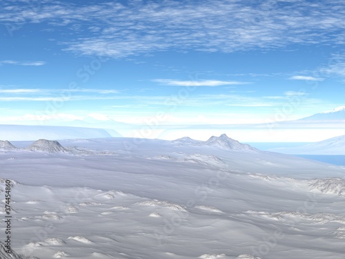 3D illustration of a blue sky landscape with mountains and sea 