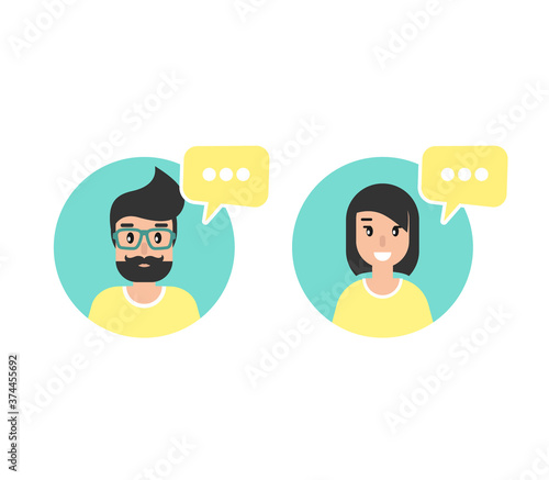 woman and man with speech bubbles set. Talk, chat message, communicate, messenger concept .