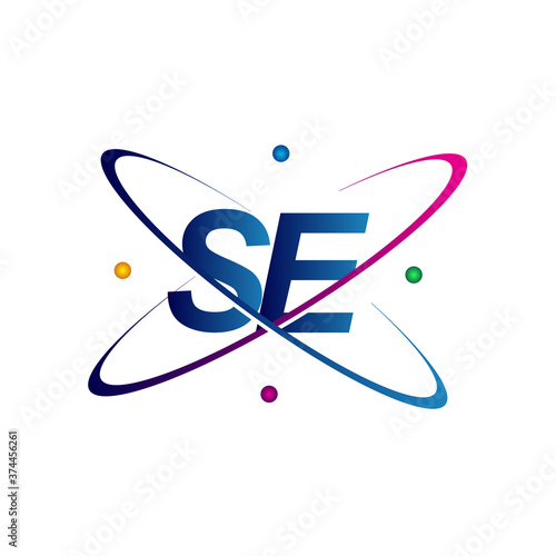 initial letter SE logotype science icon colored blue, red, green and yellow swoosh design. vector logo for business and company identity.