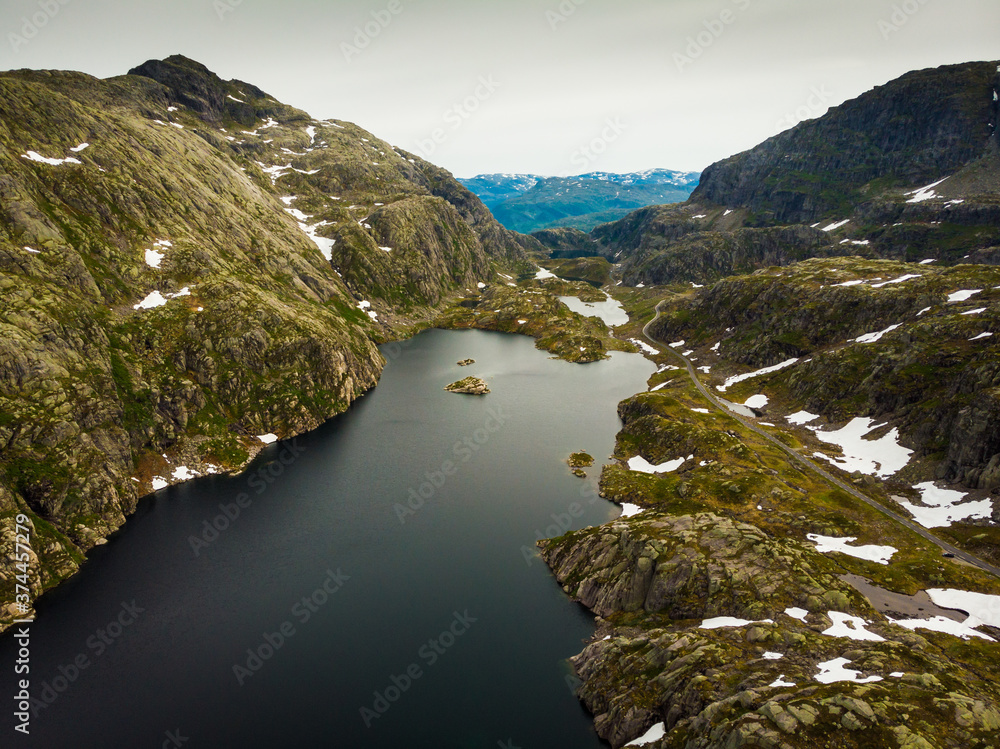 Aerial view. Road and lakes in mountains Norway