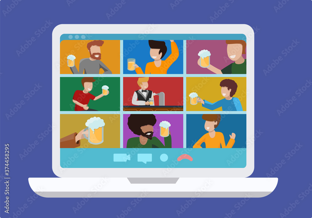 Remote bar. Online teleconference alcoholic beer party of friends. Laptop monitor screen with group of people in zoom room with glasses and bottles of beer in hands. Vector flat modern illustration. Remote bar. Online teleconference alcoholic beer party of friends. Laptop monitor screen with group of people in zoom room with glasses and bottles of beer in hands. Vector flat modern illustration.