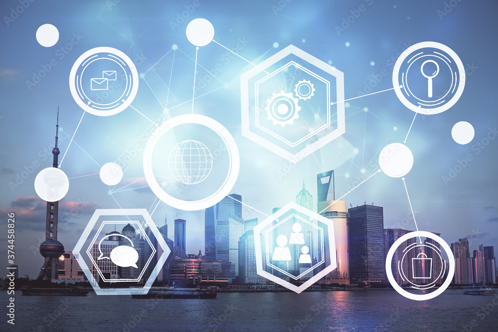 Double exposure of social network theme drawing and cityscape background. Concept of people connecton. Double exposure of social network theme drawing and cityscape background. Concept of people connecton.