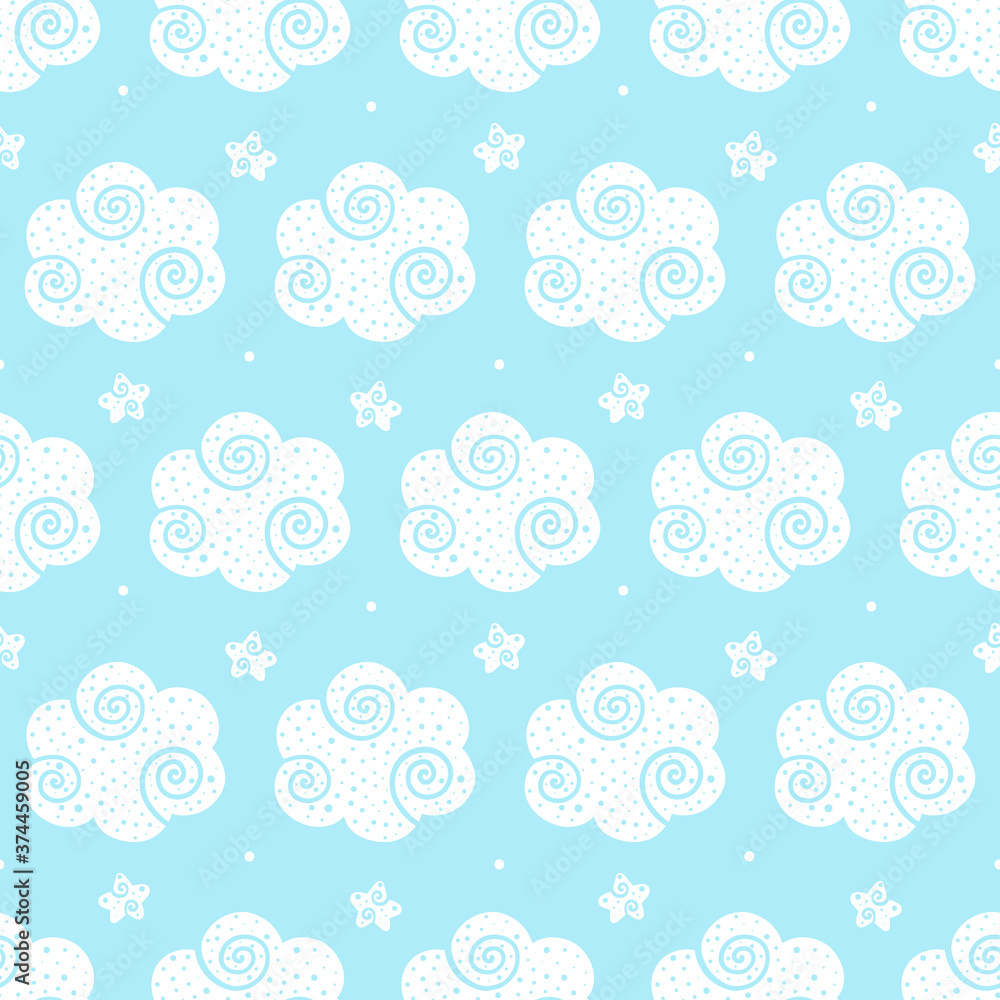 Cute dreamy blue vector seamless pattern background with doodle decorated clouds, stars and dots for kids, children design.