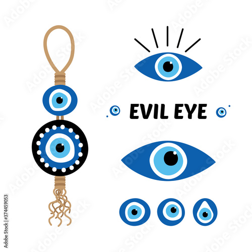 Nazar amulet, evil eye protection signs, symbols. Turkish blue eye-shaped talismans set, collection. 