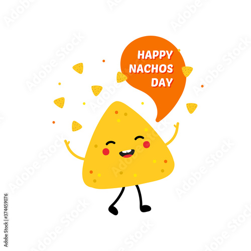 Happy Nachos Day card, vector illustration with cute cartoon style nachos chip character, happy and celebrating.