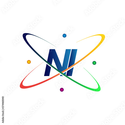 initial letter NI logotype science icon colored blue, red, green and yellow swoosh design. vector logo for business and company identity.