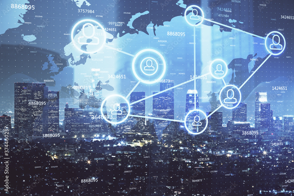 Multi exposure of social network theme drawing and cityscape background. Concept of people connecton. Multi exposure of social network theme drawing and cityscape background. Concept of people connecton.
