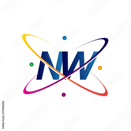 initial letter NW logotype science icon colored blue, red, green and yellow swoosh design. vector logo for business and company identity.