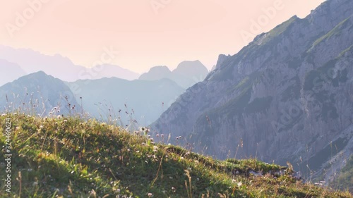 View from Mngart saddle. Beautiful Alp landscape in Slovenia. View of Italian mountains.