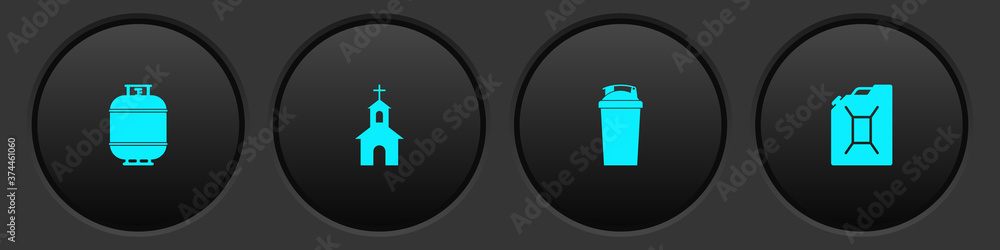 Set Propane gas tank, Church building, Fitness shaker and Canister for gasoline icon. Vector. - obrazy, fototapety, plakaty 