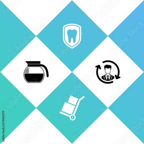 Set Coffee pot, Hand truck and boxes, Dental protection and Human resources icon. Vector.