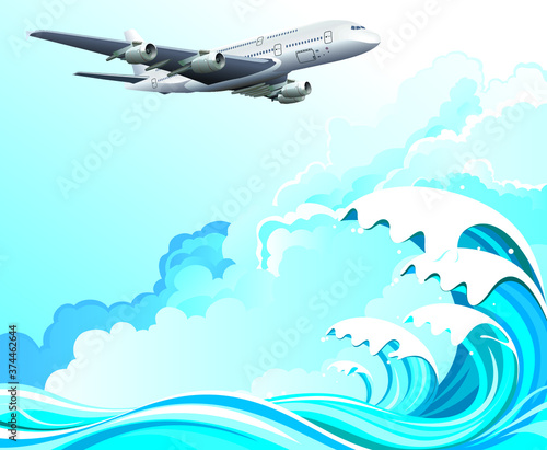 Passenger plane flying over ocean waves set against a blue cloudy sky