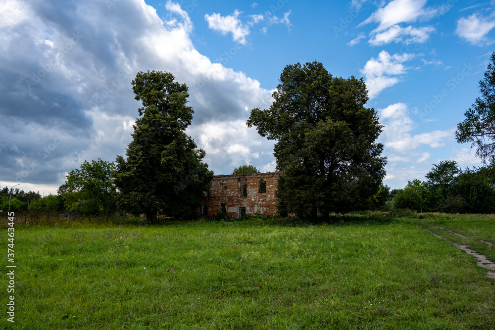 ruins of an old manor house among green trees against a blue sky ruins of an old manor house among green trees against a blue sky
