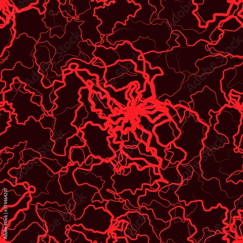 Seamless pattern with abstract irregular wavy red veins on black background