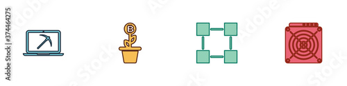 Set Mining with laptop and pickaxe, Bitcoin plant the pot, Blockchain technology and ASIC Miner icon. Vector.