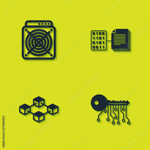 Set ASIC Miner, Cryptocurrency key, Blockchain technology and Smart contract icon. Vector.