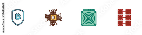 Set Shield with bitcoin, CPU mining farm, ASIC Miner and Mining icon. Vector.