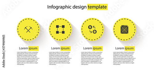 Set Crossed pickaxe, Blockchain technology, Cryptocurrency exchange and ASIC Miner. Business infographic template. Vector.
