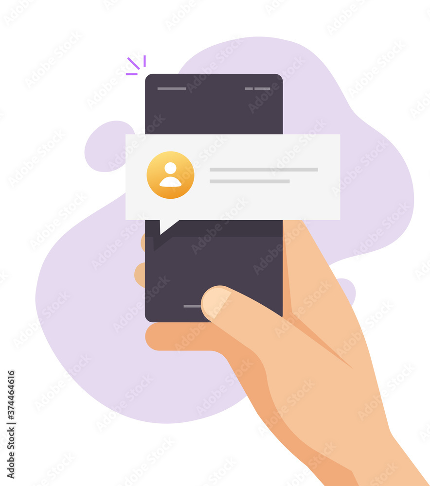 Online chat messages text notification notice on mobile cell phone in hand vector, smartphone sms speech bubbles push alert on screen flat cartoon, digital or electronic chatting on cellphone Online chat messages text notification notice on mobile cell phone in hand vector, smartphone sms speech bubbles push alert on screen flat cartoon, digital or electronic chatting on cellphone