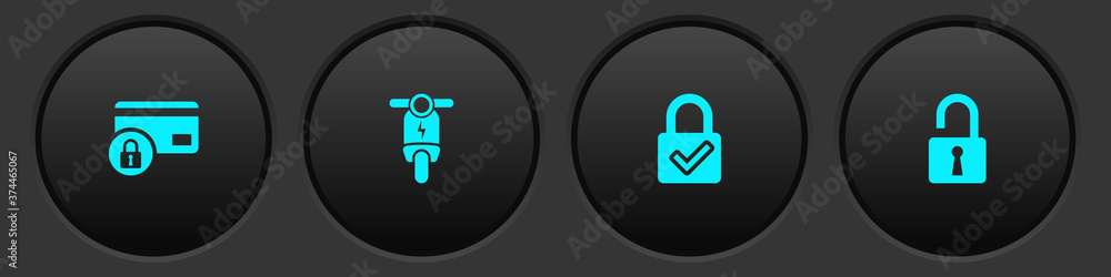 Set Credit card with lock, Electric scooter, Lock and check mark and ...