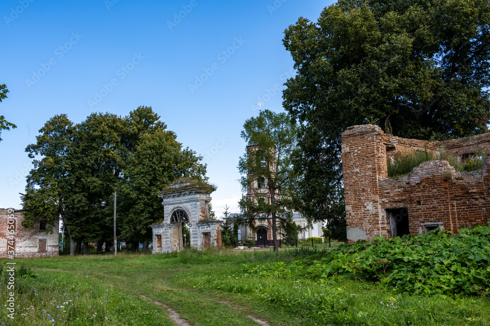 ruins of an old manor house among green trees against a blue sky