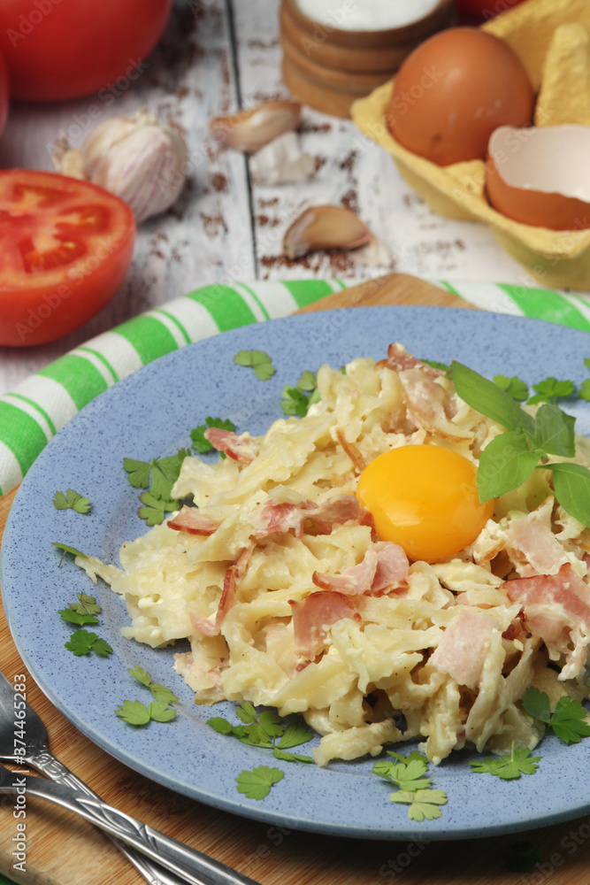 A plate with traditional pasta carbonara A plate with traditional pasta carbonara