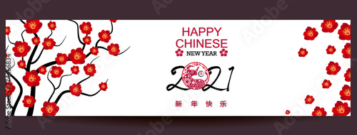 Happy chinese new year 2021 with cherry blossom flower year of the Ox