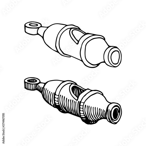 old simple whistle for coaching or for referees of sports games or military, vector illustration with black ink contour lines isolated on a white background in a doodle & hand drawn style