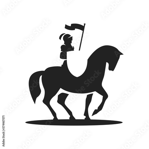 Silhouette of a knight riding on a horse with shield and banner.