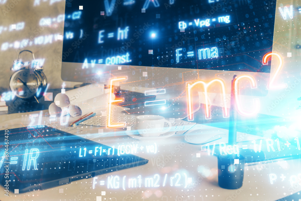 Foto Desktop computer background and formula hologram writing
