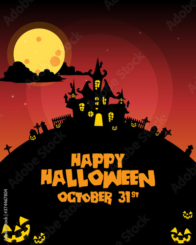Halloween  background with tombstone, pumpkin, haunted house and full moon. Flyer or invitation template for Halloween party. silhouette Vector illustration.
