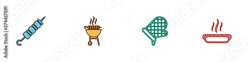 Set Grilled shish kebab, Barbecue grilled, Oven glove and Hotdog sandwich icon. Vector.