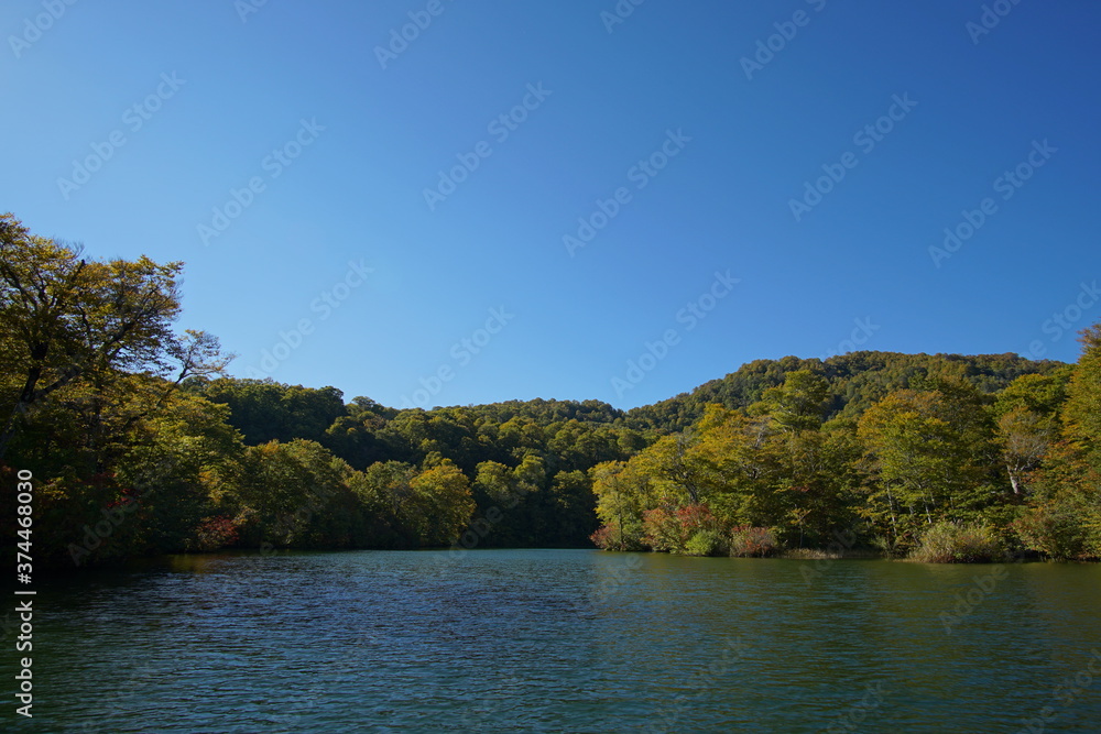 Mountain Lake in Early Autumn Sunlight, Nagano, Japan