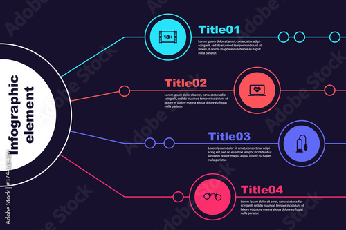 Set Play Video with 18 plus, Laptop content, Penis pump and Handcuffs. Business infographic template. Vector.