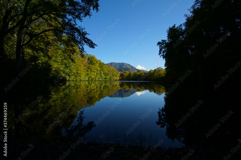 Mountain Lake in Early Autumn Sunlight, Nagano, Japan