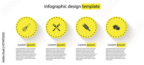 Set Kitchen whisk, Crossed fork, Grater and Cooking pot. Business infographic template. Vector.