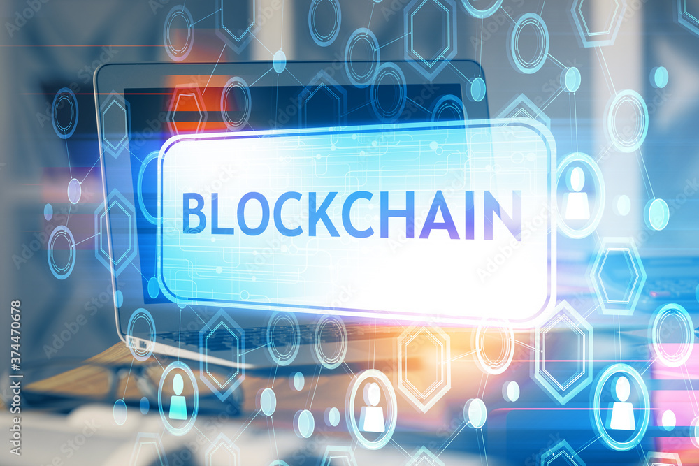 Multi exposure of blockchain theme hologram and table with computer background. Concept of bitcoin crypto currency. Multi exposure of blockchain theme hologram and table with computer background. Concept of bitcoin crypto currency.