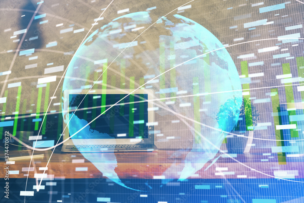Multi exposure of business theme icons and table with computer background. Concept of success. Multi exposure of business theme icons and table with computer background. Concept of success.