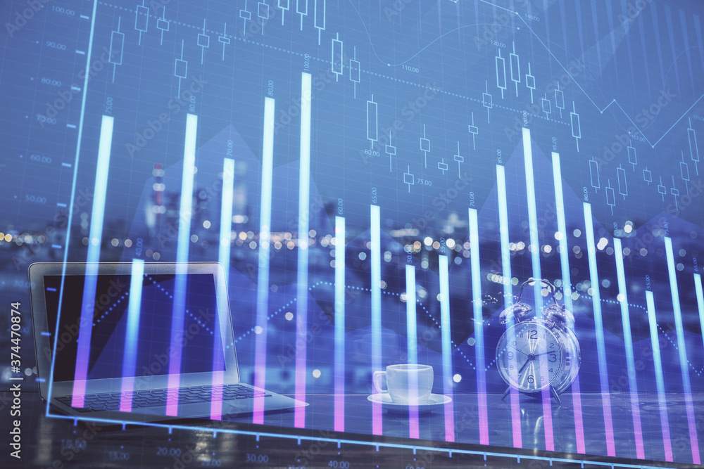 Forex market chart hologram and personal computer background. Double exposure. Concept of investment. Forex market chart hologram and personal computer background. Double exposure. Concept of investment.
