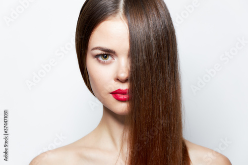 Girl Red lips attractive look hair cover the face skin care 