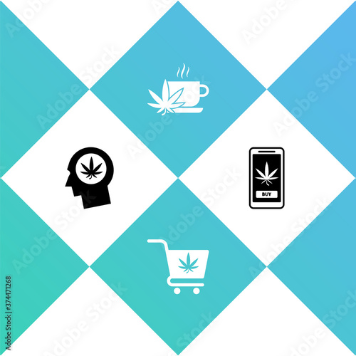 Set Head in profile with marijuana, Shopping cart, Cup tea and Online buying icon. Vector.