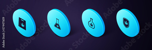 Set Isometric Shield and marijuana, Test tube with, and Shopping bag of icon. Vector.