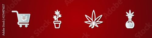 Set Shopping cart with marijuana, Marijuana plant pot, or cannabis leaf and Test tube icon. Vector.