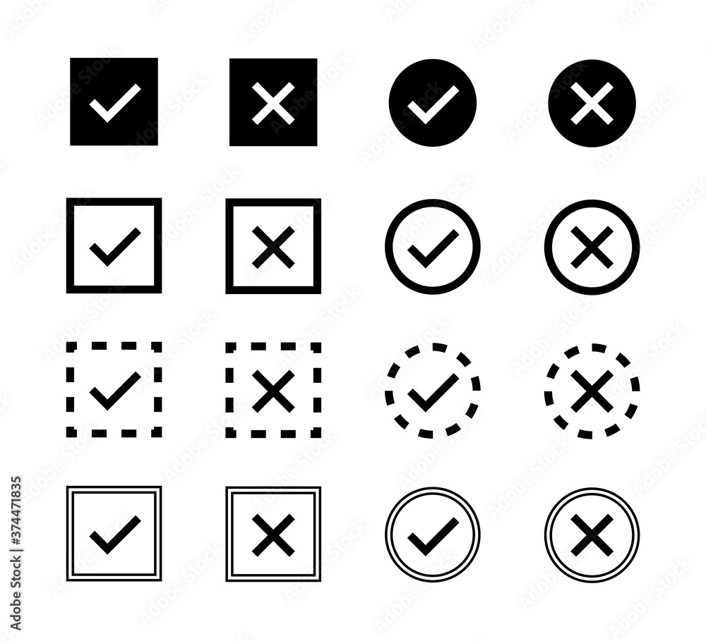 Check mark, cross icon. Vector isolated elements, icons, signs. Tick check mark black icons. Stock vector. Check mark, cross icon. Vector isolated elements, icons, signs. Tick check mark black icons. Stock vector.