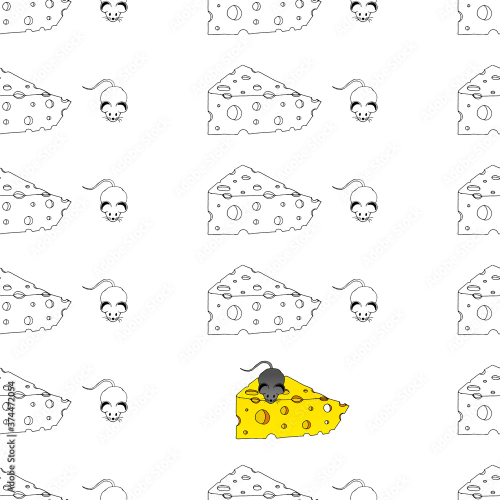 Seamless pattern with a cartoon mouse with a piece of cheese. Vector illustration of a seamless background of cheese and a mouse. Hand drawn cartoon mouse with cheese and holes.