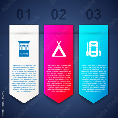 Set Open matchbox and matches, Tourist tent and Rafting boat. Business infographic template. Vector.