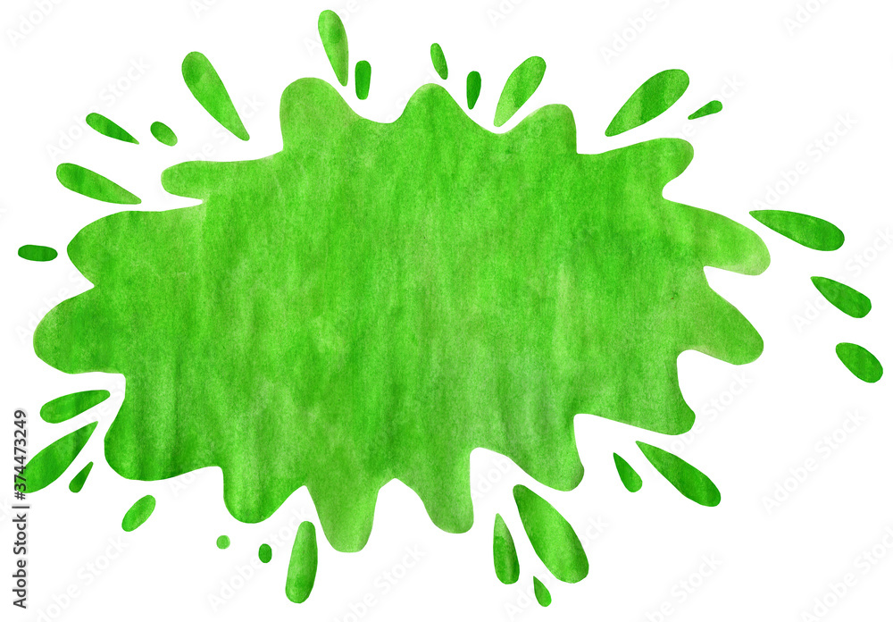 Large green watercolor blot. Children's illustration. Isolated on white background. Drawn by hand. Large green watercolor blot. Children's illustration. Isolated on white background. Drawn by hand.
