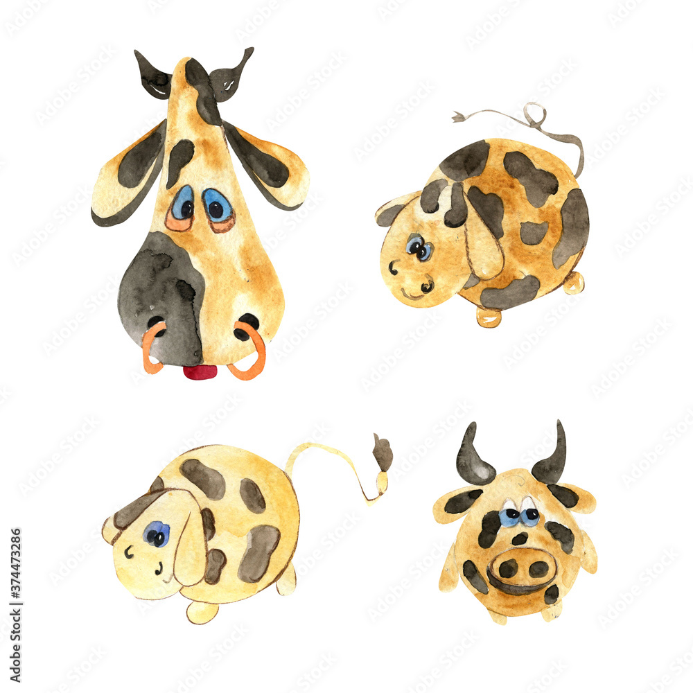 Obraz premium Year of the bull cow watercolor set dog animal isolated object on white background. For party design, print on fabric and paper
