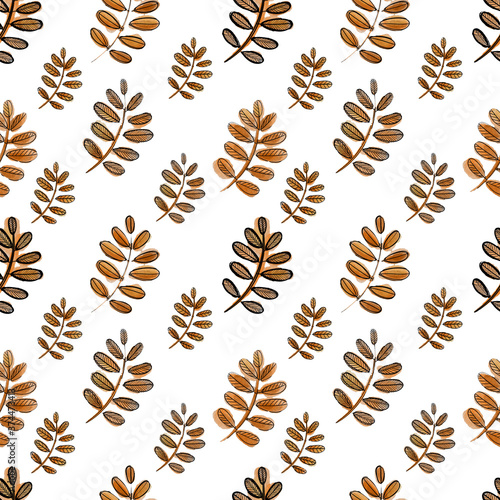 Autumn orange leaves botany watercolor pattern on white background. For fan design  printing on fabric and paper