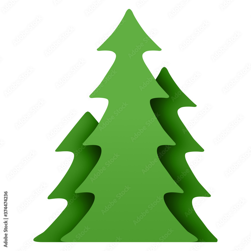 Obraz premium Green Christmas tree on a white background. New Years tree with heralds, striped christmas pine. Design elements for holiday cards. 3d illustration